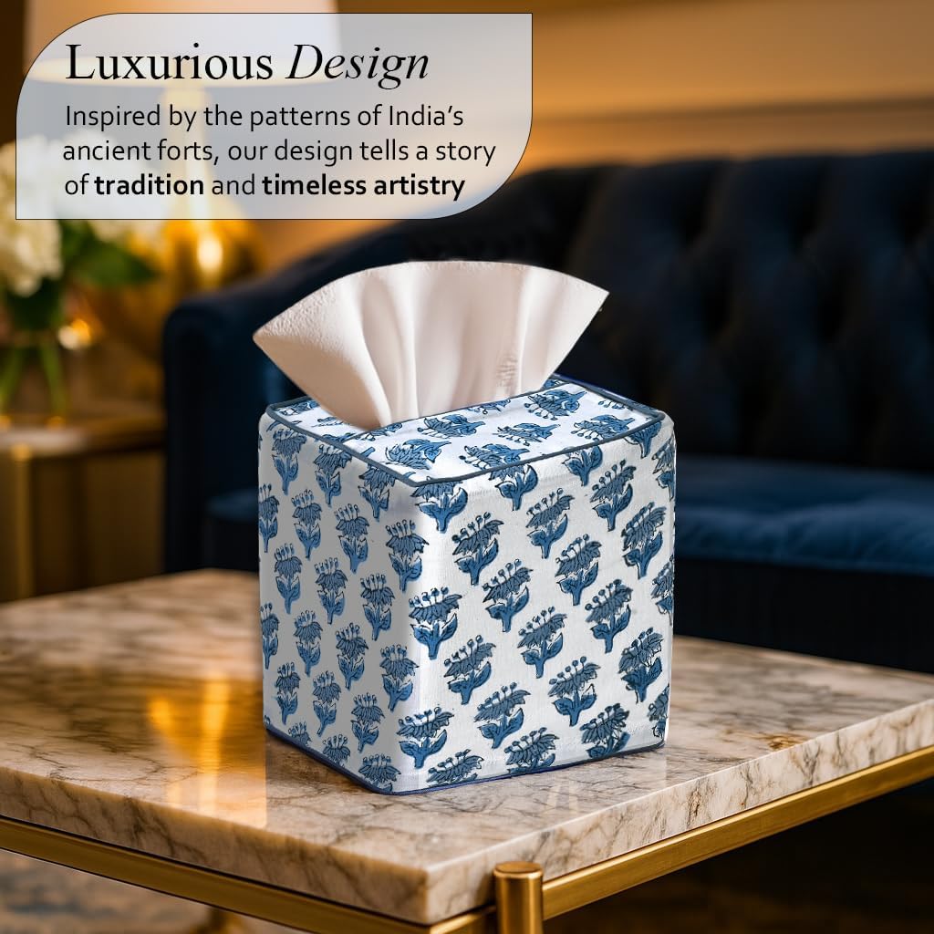CPC Hand Block Printed Cotton Tissue Box Cover " Square Soft Reusable / Apatite Blue / 5 x 5 x 5.5