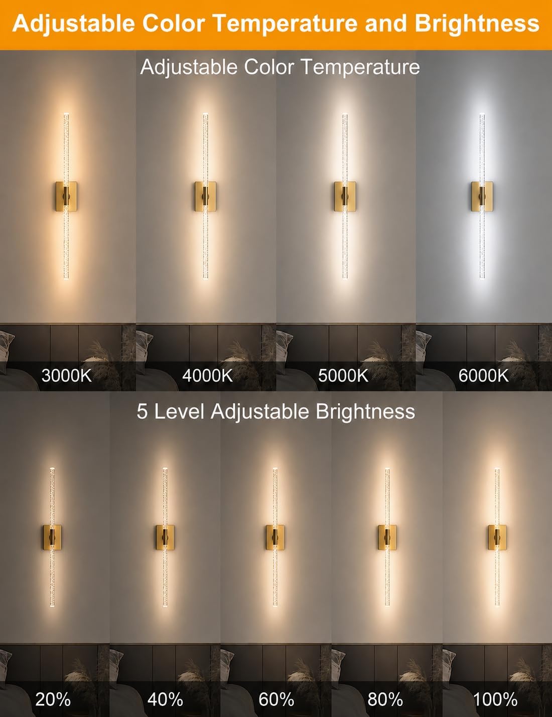 Rechargeable Wall Sconces Set of 2, Gold Crystal Bubble Wireless Wall Light | 10000mAh, Remote Control, 3000K-6000K