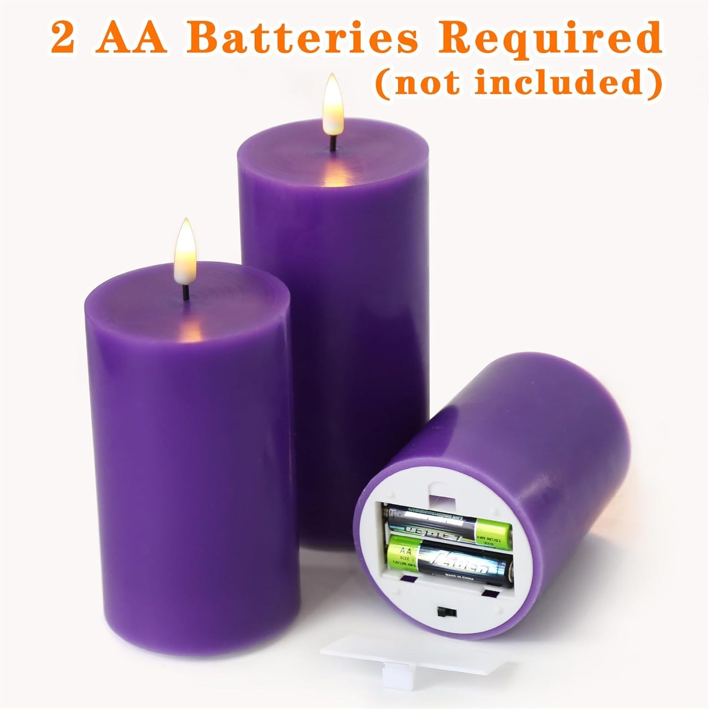 Purple Flameless Pillar Candles with Remote Set of 3 | Flickering LED Candles, 2 AA Battery Power, Flat Top Real Wax
