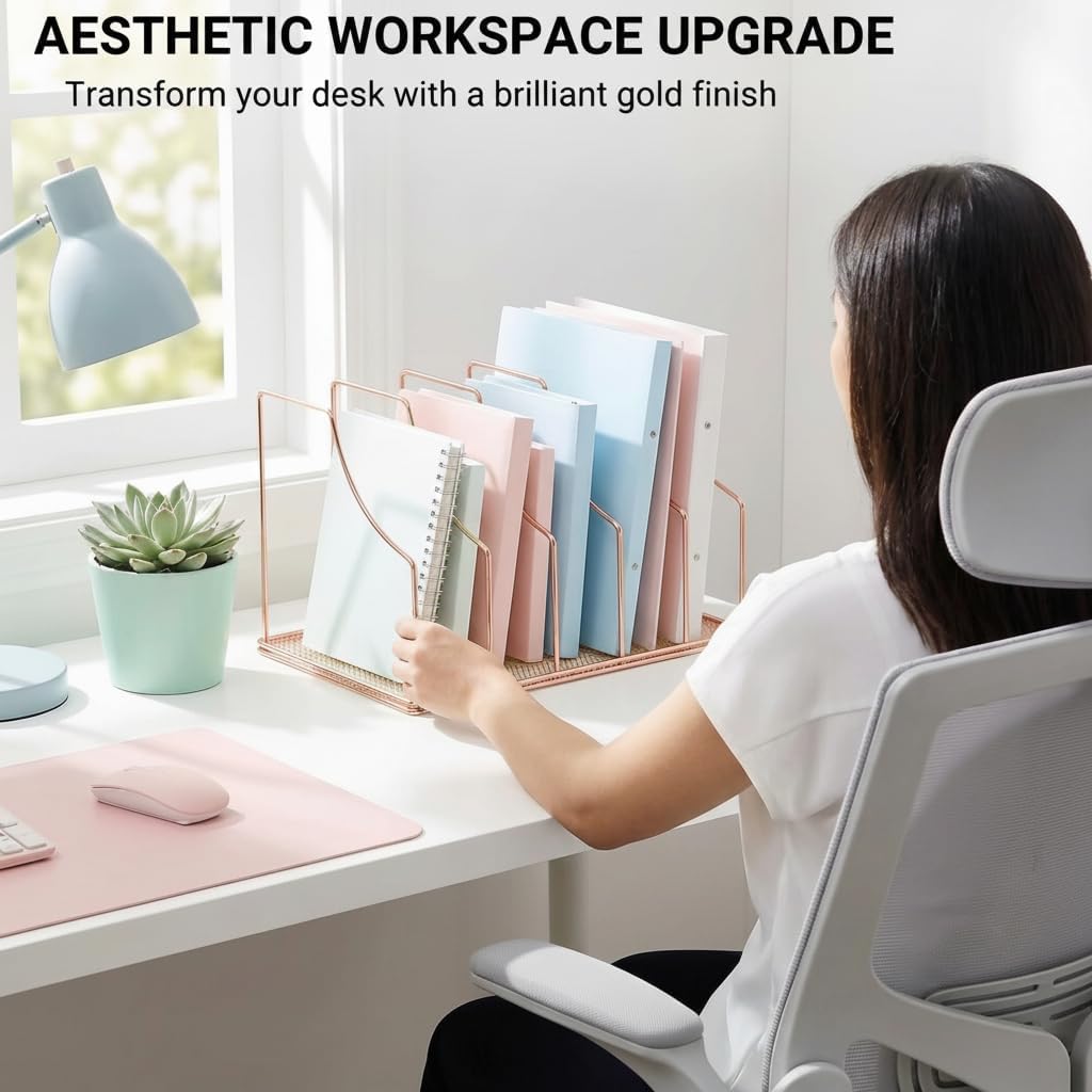 Rose Gold Binder Organizer for Desk, 5 Slot Metal Wire Vertical File Sorter with Mesh Bottom, Desktop Magazine Holder