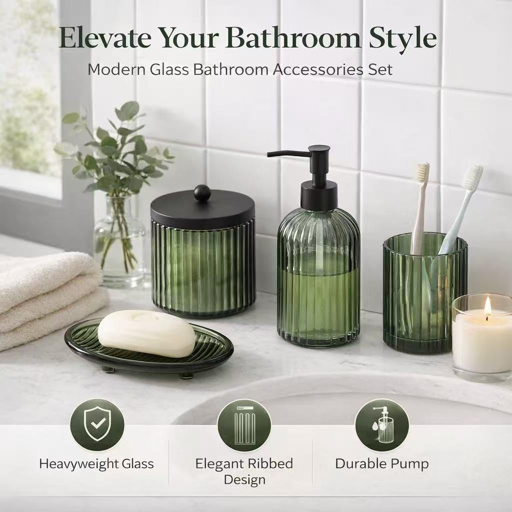 Heavy Weight Decent Glass Bathroom Accessories Set / Green / Set of 4