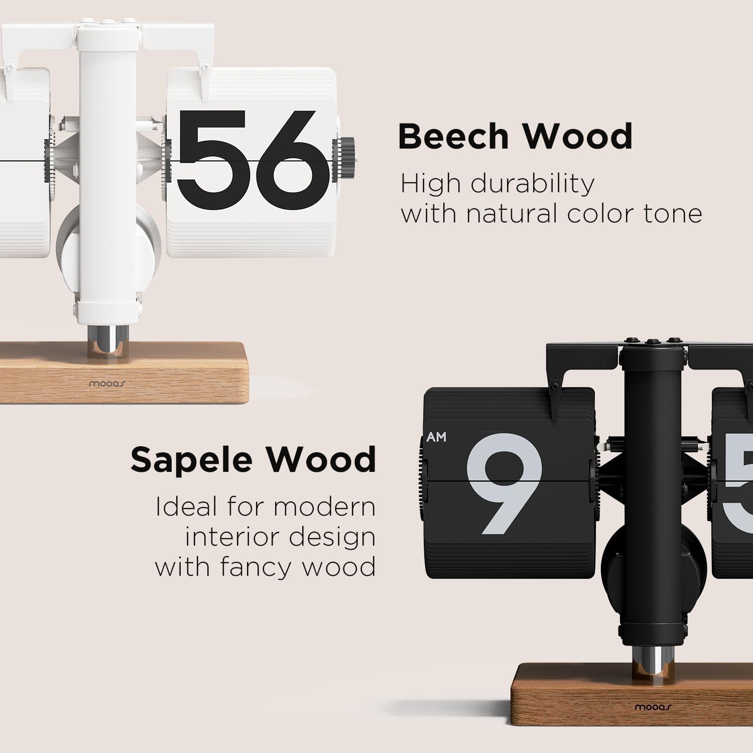 mooas Classic Modern Wood Mini Flip Desk Clock (Black), Retro Vintage Analog Design Auto Flip Clock Table Clock Large