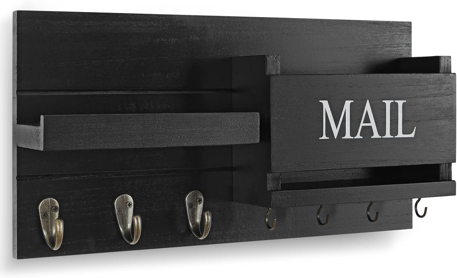 Shelf Includes Letter Holder and Hooks for Hallway Farmhouse / Black