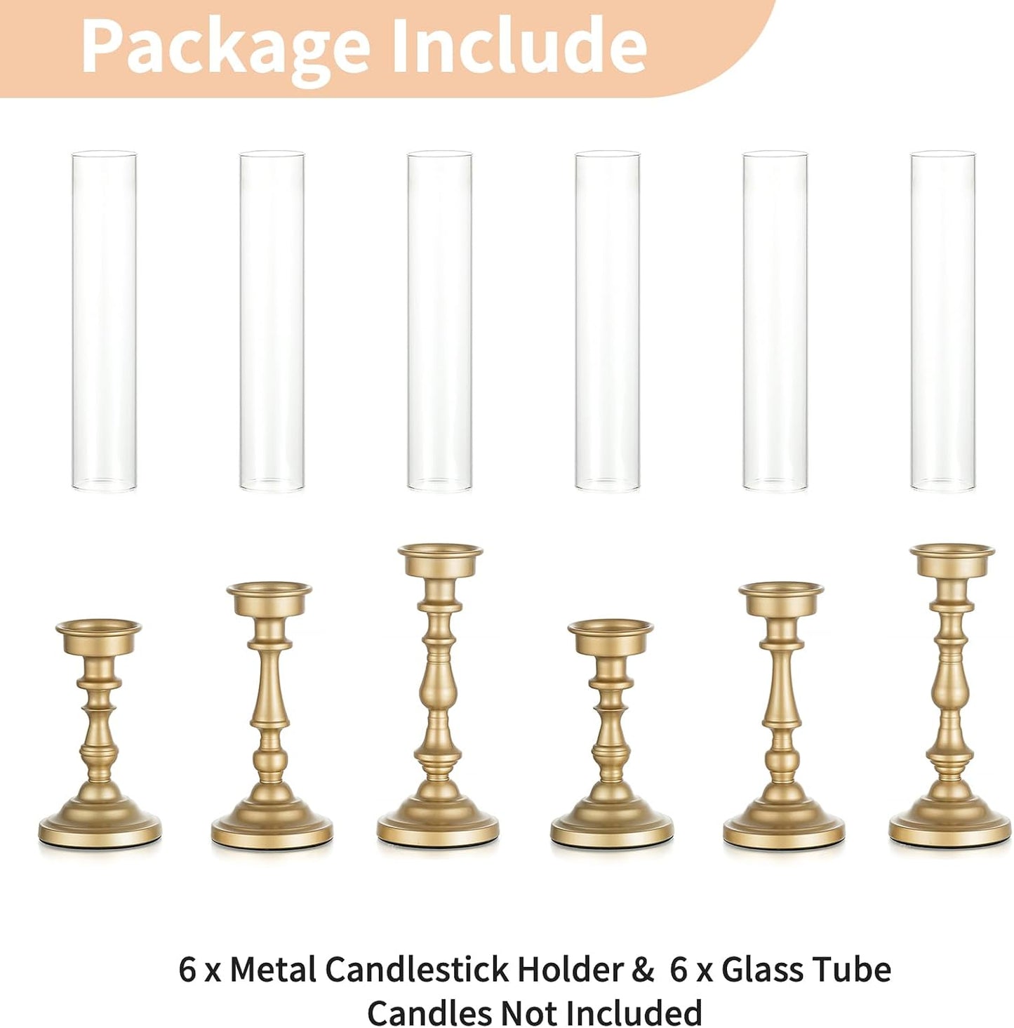 NUPTIO Hurricane Candle Holders, Set of 6 Gold Taper Holders with Glass | Glass Covers Protect Flames, Ornate Style