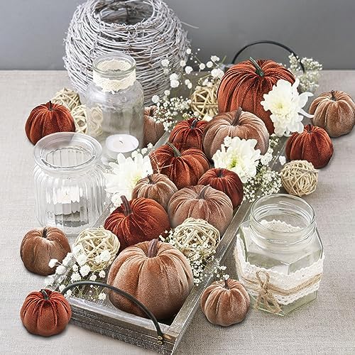 Woration 16pcs Fake Velvet Cloth Pumpkins for Fall Thanksgiving Halloween