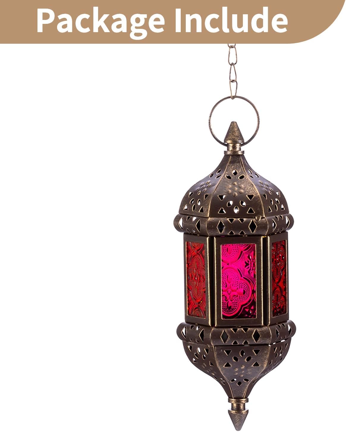 Hanging Hexagon Decorative Moroccan Candle Lantern Holders, Handmade Hanging Tea Light Holder in Brown Metal & Red &