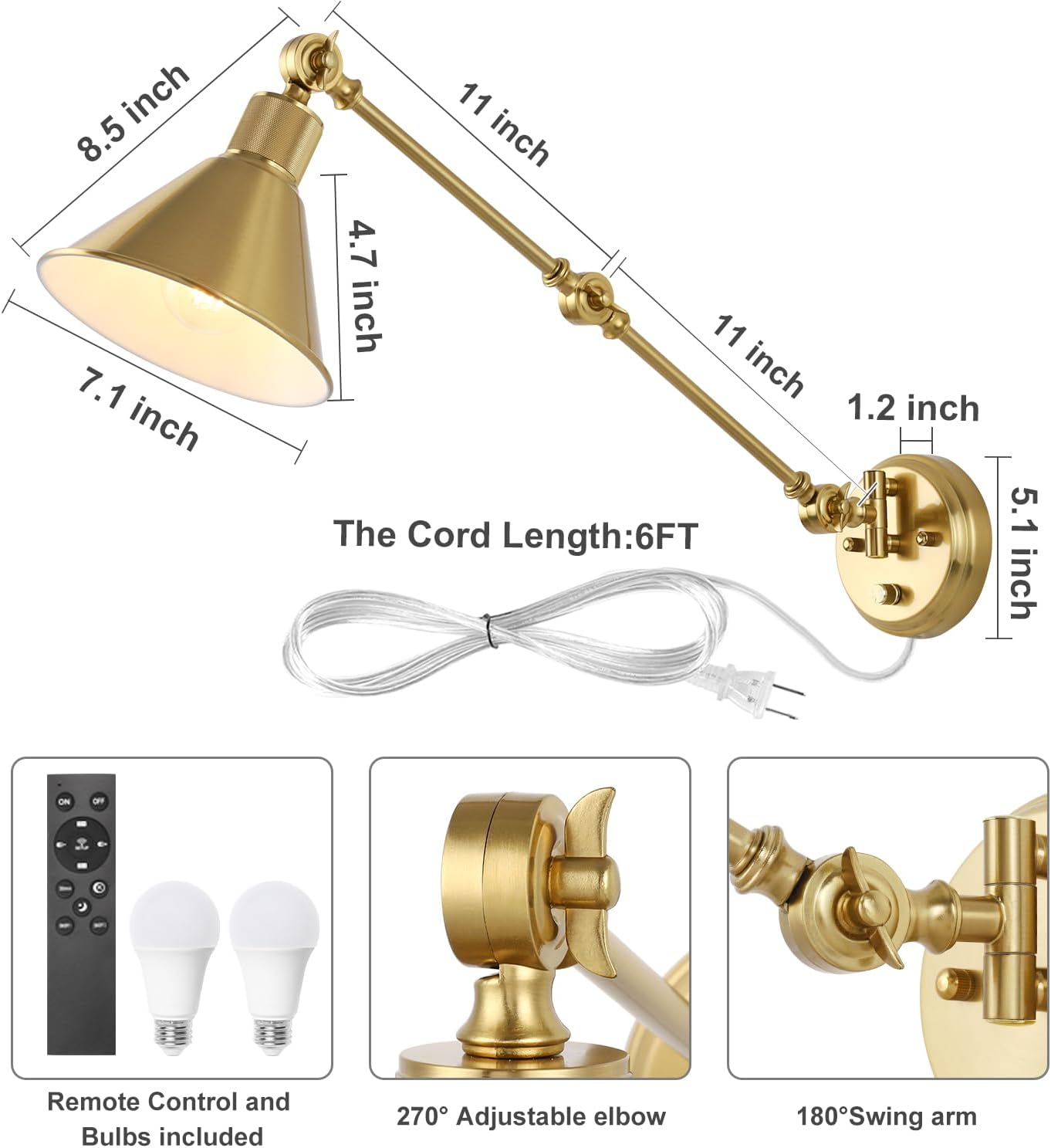 TRLIFE Wall Sconce with Remote Control, Brushed Brass Plug in Wall Sconces Dimmable and Adjustable Color Temperature