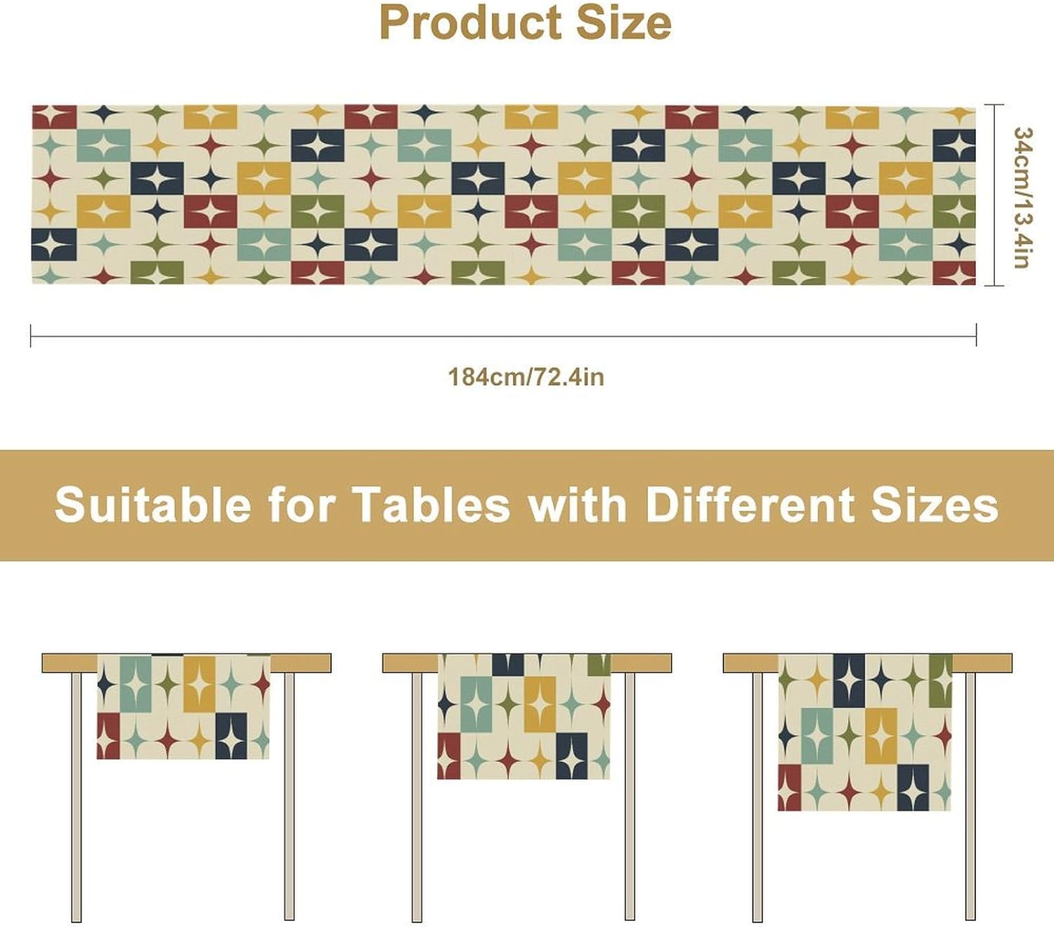 Mid Century Kitchen Table Runner,Abstract Aesthetic Geometric Mid Century Retro Modern Patterns Printed Linen Table