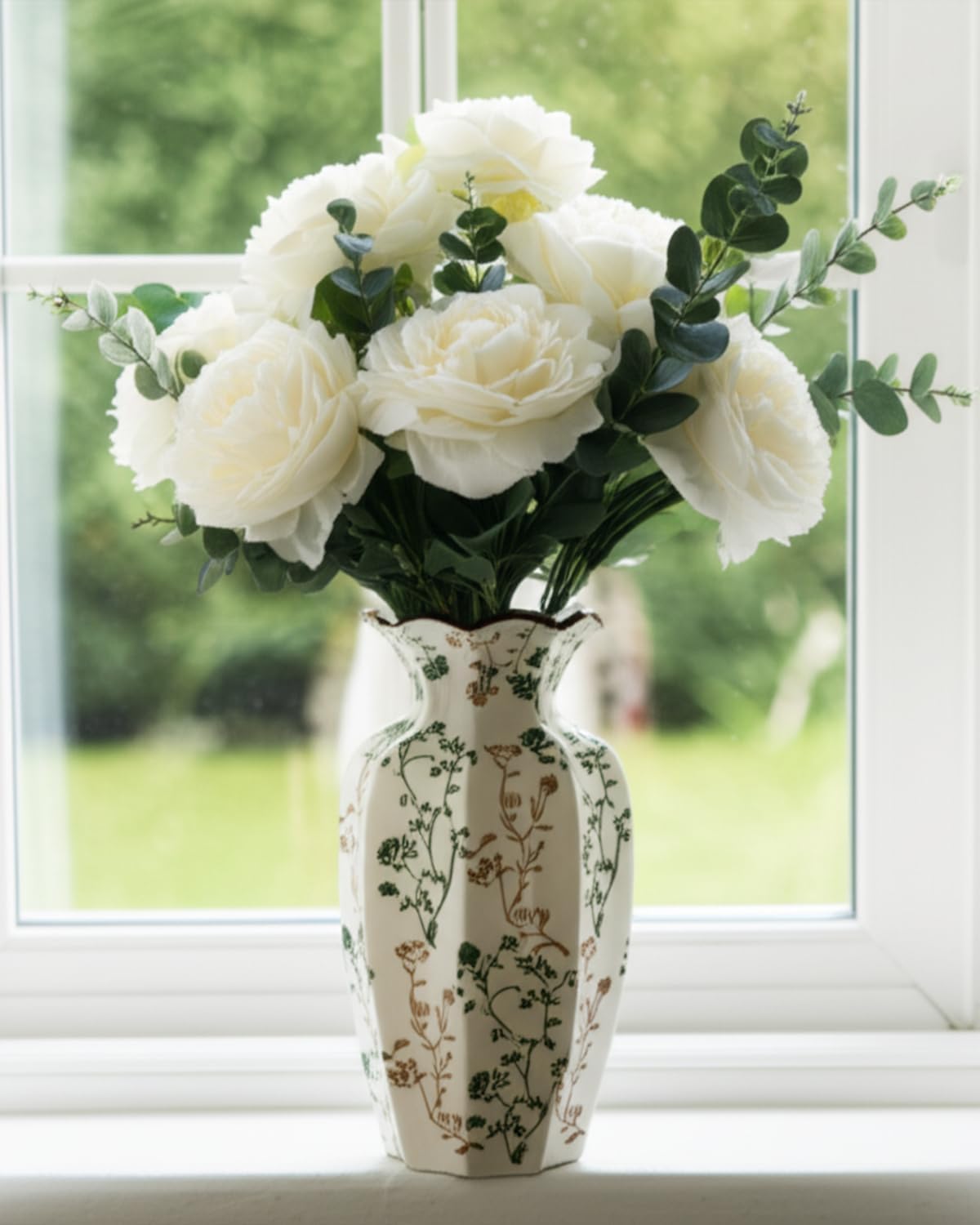 Green Floral Ceramic Vase / Brown and Green / 8.86 Inch