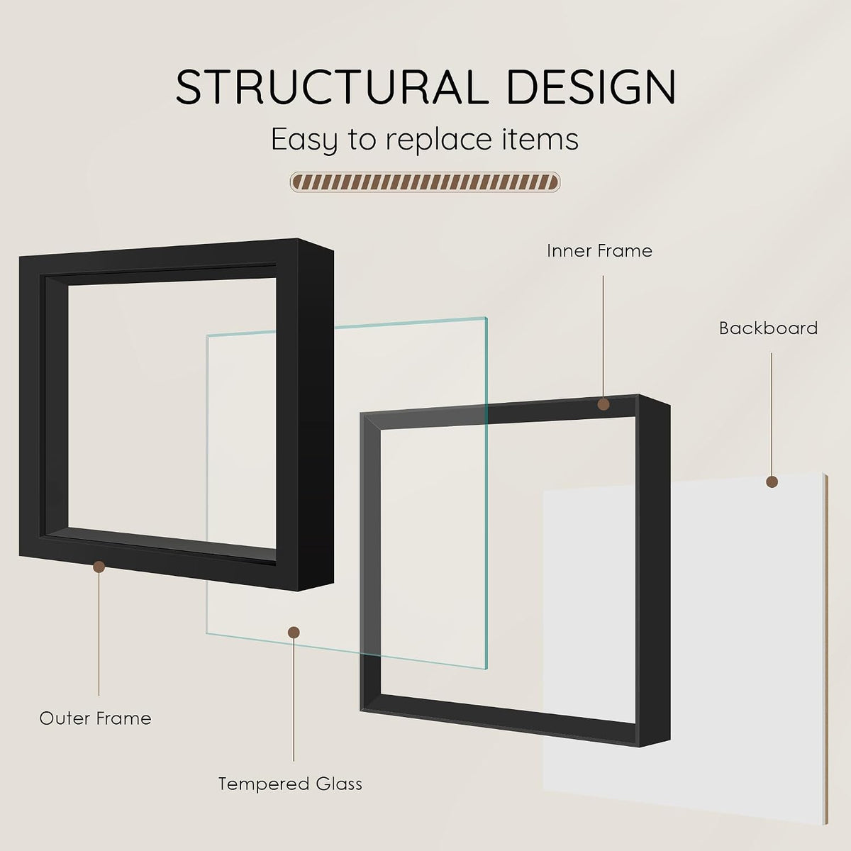12x12 Black Wooden Shadow Box Frame, Tempered Glass, 2 Pack | Black Backboard, Tabletop & Vertical/Horizontal Wall
