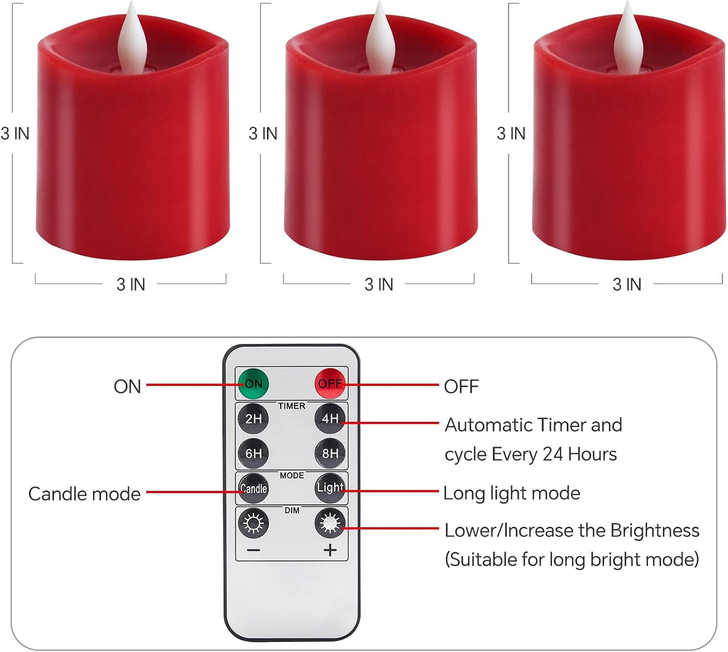 3x3 Flickering Flameless Candles Set of 3, LED Battery Candles,with Timer, 3 inch Flameless Candles with Remote, for