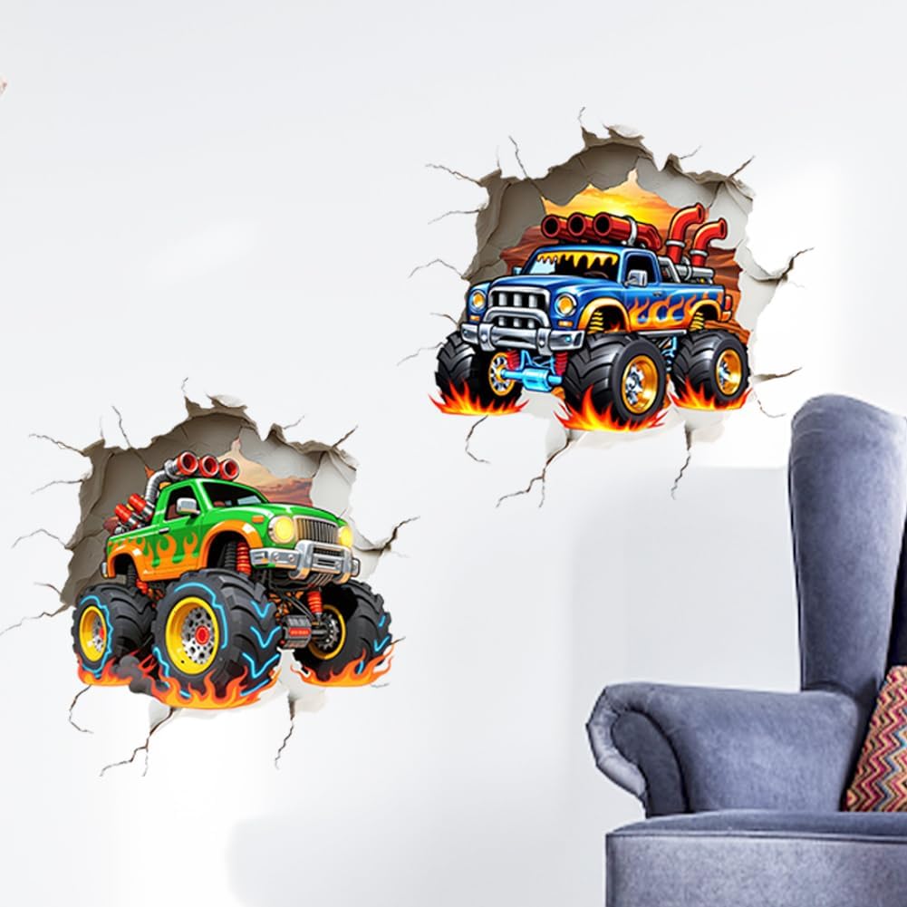 3D Racing Car Wall Decal Break Through Art Decor Sticker / Truck / 11.8 x 23.62 / Set of 4