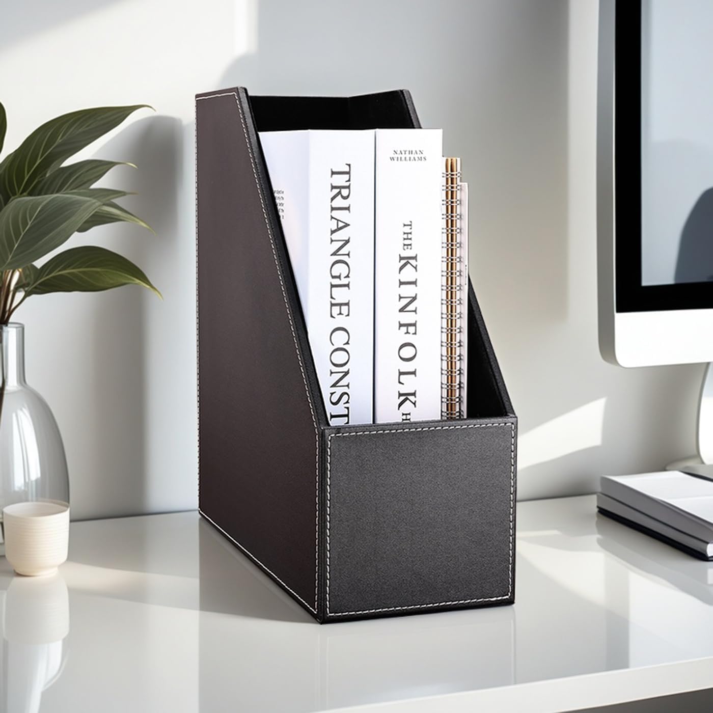 Wooden Leatherette Desktop File Folder Organizer and Document File Stand Journals Magazine Rack 2 Slots (black)