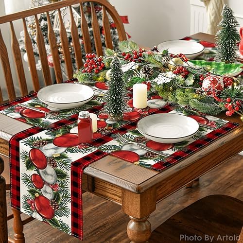 Artoid Mode Buffalo Plaid Holly Pine Cones Christmas Balls Placemats Set of 6, 12x18 Inch Seasonal Winter Table Mats for Party Kitchen Dining Decor