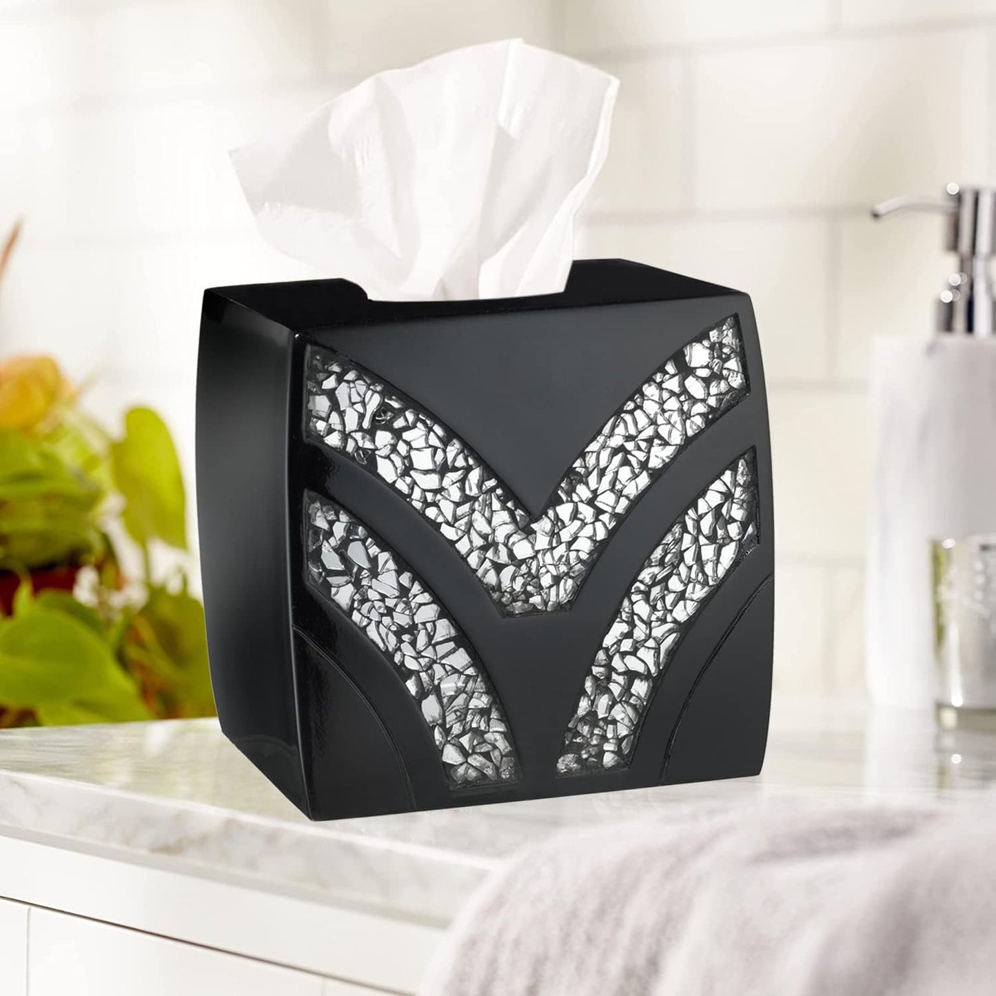 Zahari Home 2pc Sinatra Black Modern Bath Accessories Set Waste Basket & Tissue Box Modern Decorative Beautiful Designs