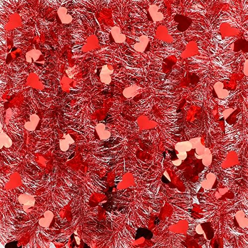 FOIMAS 33FT Valentine's Day Tinsel Garland,Heart Metallic Twisted Hanging Garland for Home Wedding Decoration Party Supply,Red & White
