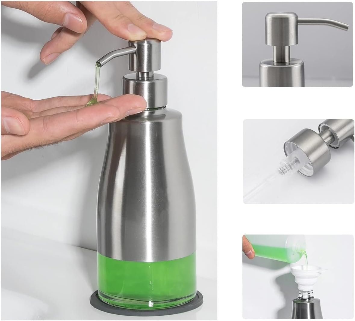 Gaussra 2 Pack Soap Dispenser with Coaster and Stickers - 11 OZ / 320 ML | Stainless Steel Case Glass Liner Hand Pump
