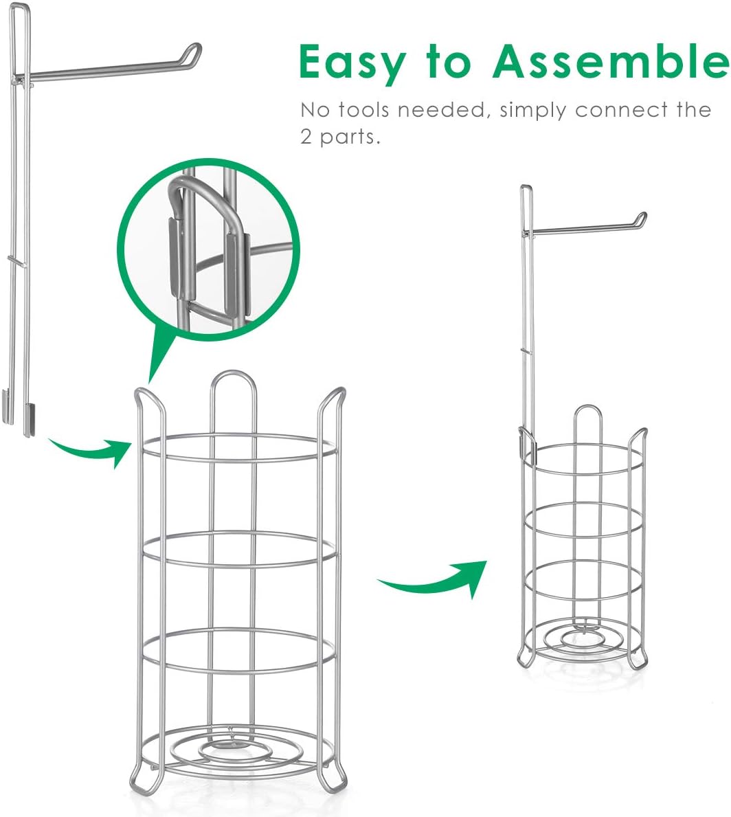 TomCare Toilet Paper Holder Stand Free Standing, Holds 4 Mega Rolls, Silver | Tool-Free Assembly, Detachable Metal Wire