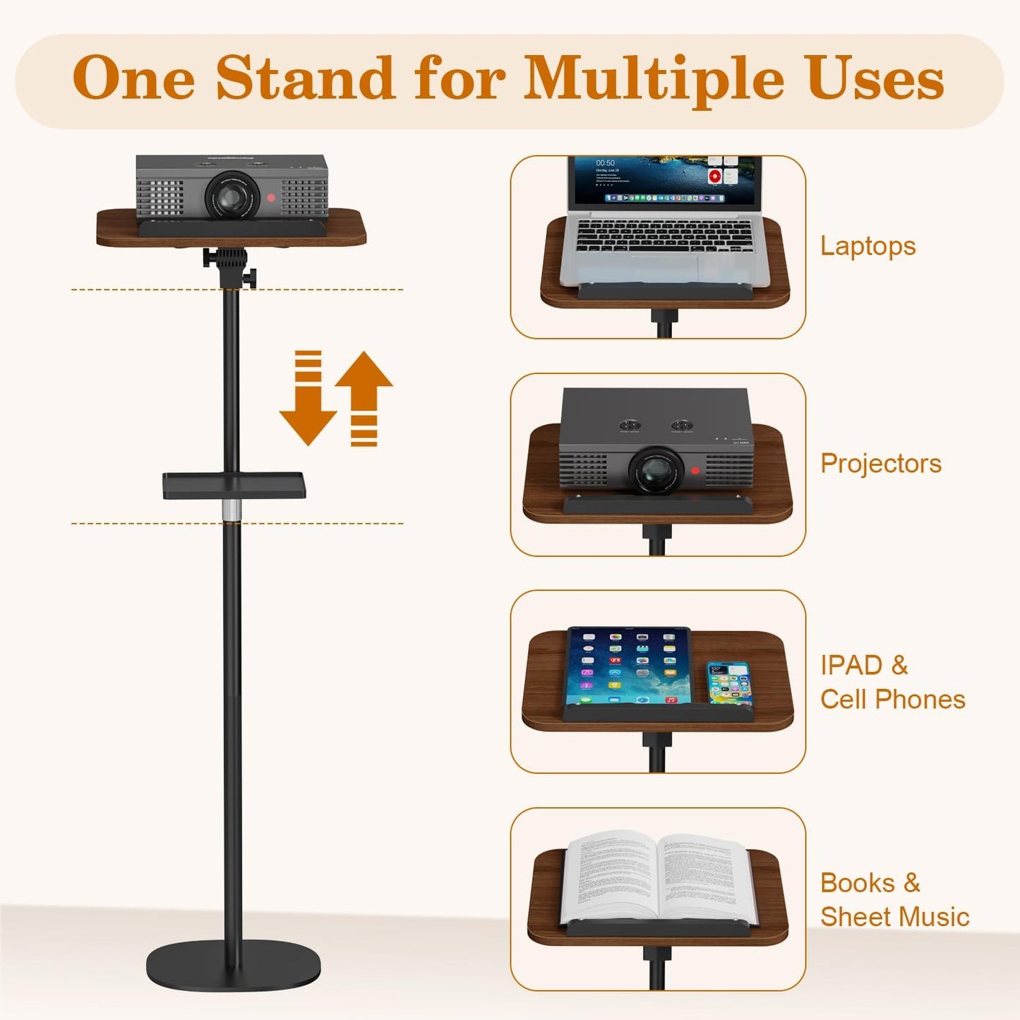 Snughome Floor Book Stand with Removable Tray, Wood Standing Book Stand for Reading, Height Adjustment 21"-51", Music