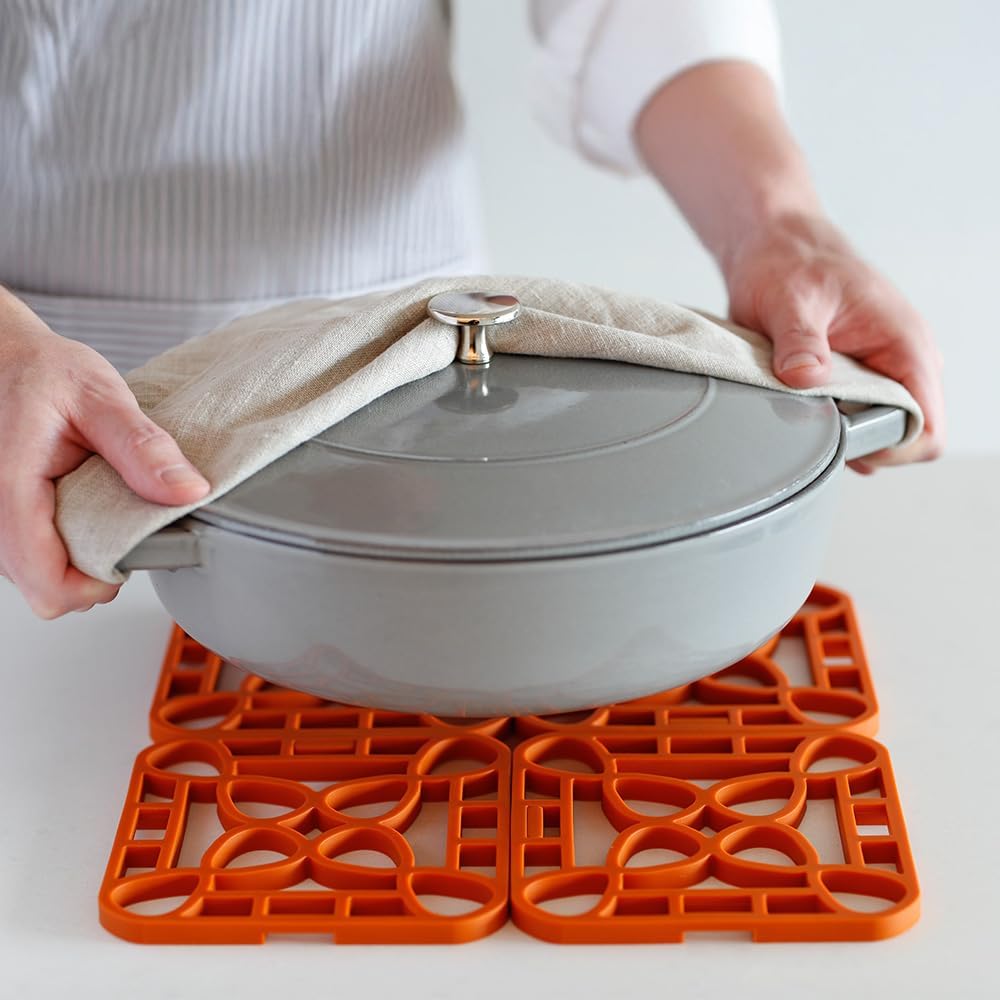 4-Pack Trivets for Hot Dishes - Orange Interlocking Hot Pads for Kitchen, Coffee Bar Essentials, Silicone Mats for