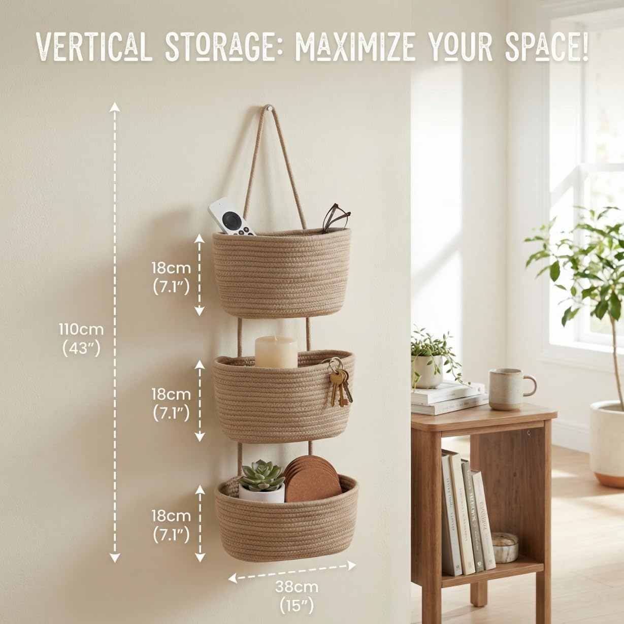 Hooks / Hanging Wall Basket / Jute