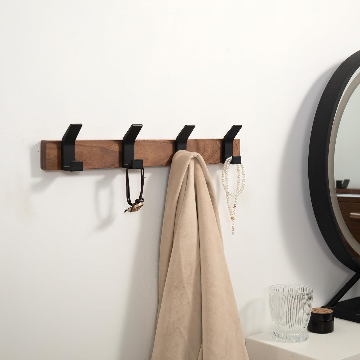 Coat Rack Wall Mount - 15.7 Inches Walnut Wood Coat Hooks Coat Rack Wall Mount with 4 Hooks Black Aluminum Coat Hooks