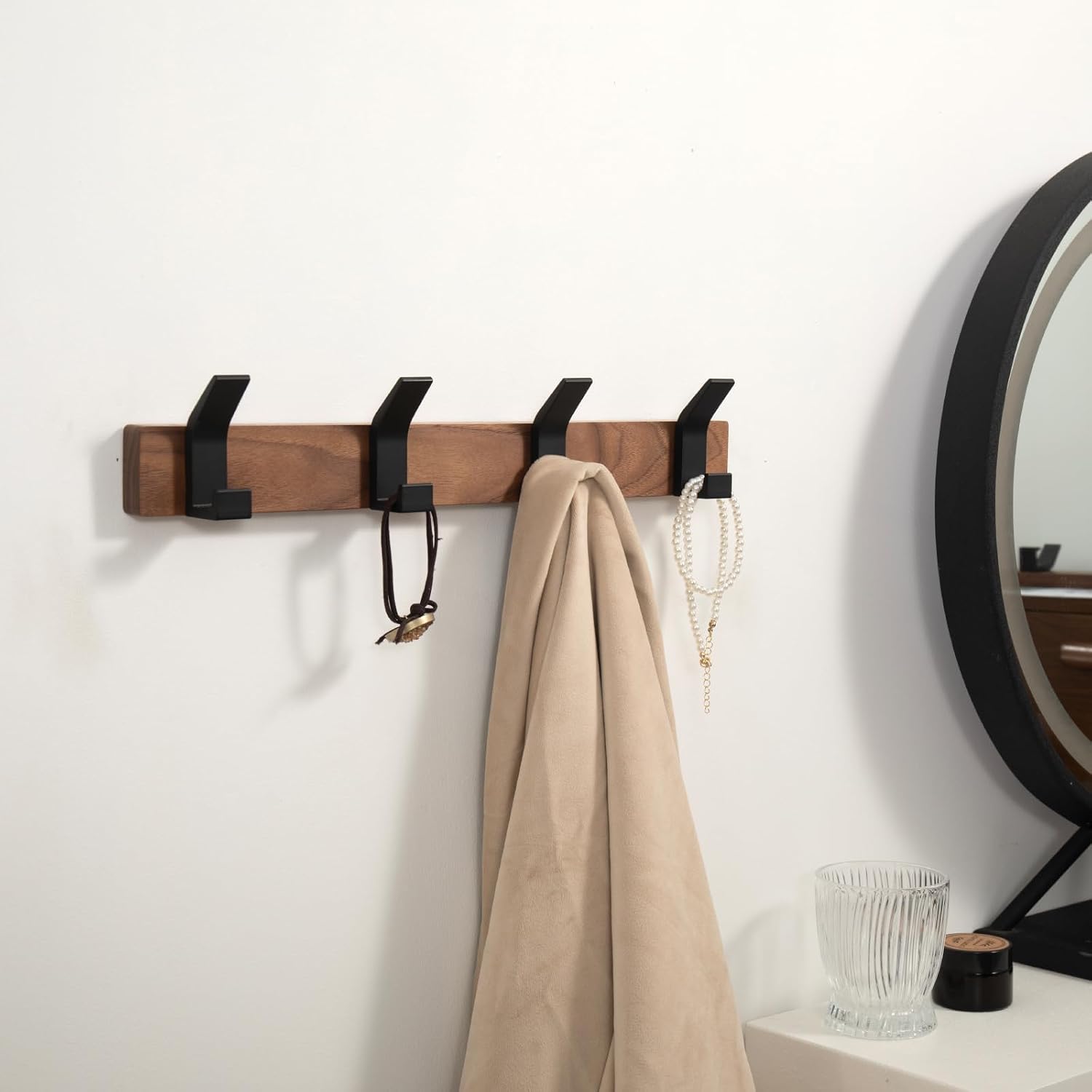 Coat Rack Wall Mount - 15.7 Inches Walnut Wood Coat Hooks Coat Rack Wall Mount with 4 Hooks Black Aluminum Coat Hooks