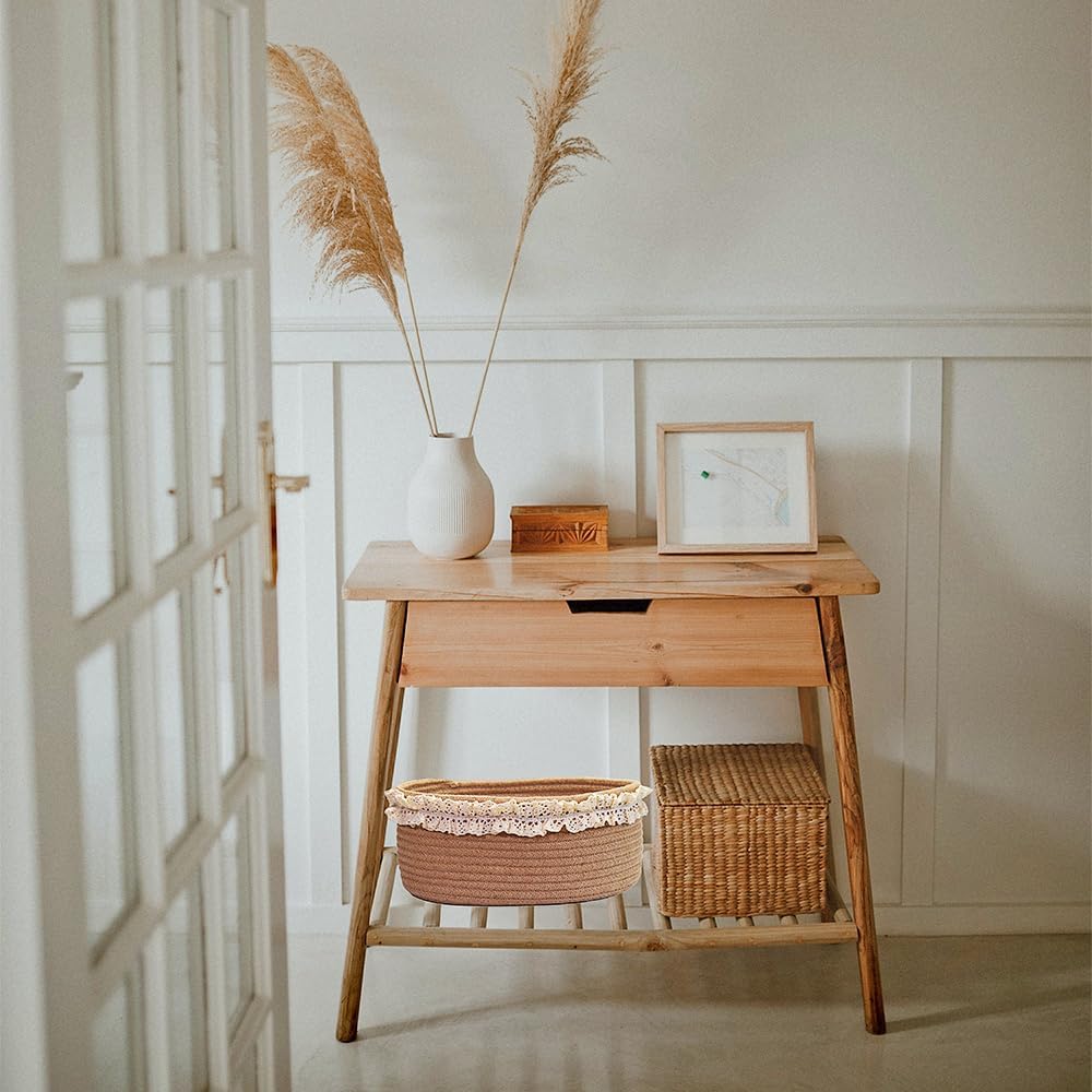 Decorative Jute Woven Basket for Nursery / Brown with Lace / 12 x 8 x 5 / Oval