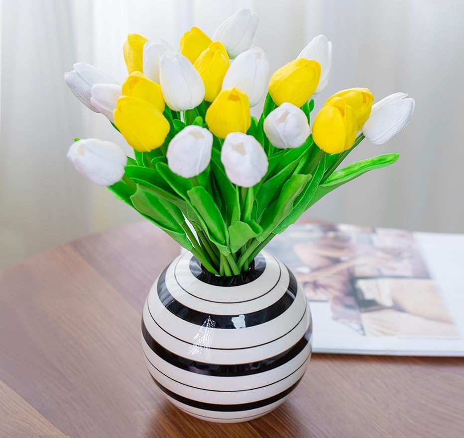 Spherical and White Striped Ceramic Vase / Black