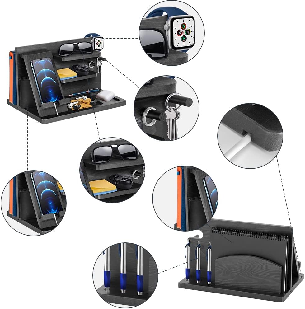 Gifts for Men Bedside Organiser Wood Phone Docking Station Dad Birthday Gifts for Him Nightstand Key Wallet Watch Stand