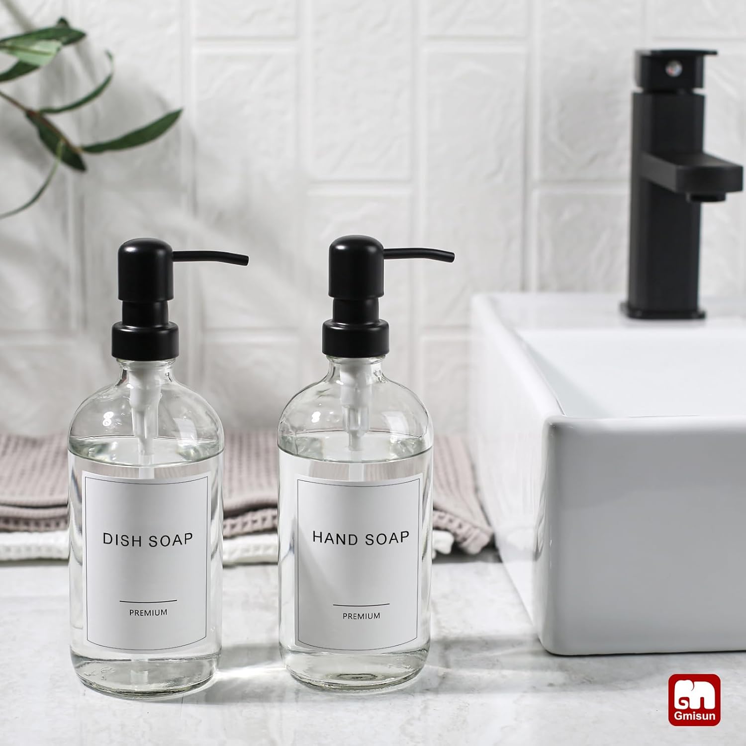 GMISUN Glass Soap Dispenser with Pump, 2 Pack Clear Bathroom Hand Soap Dispenser with Stainless Steel Pump, 17 Fl Oz