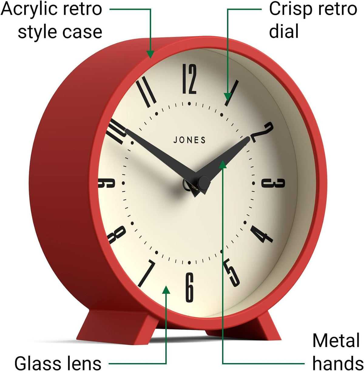 JONES CLOCKS® Venus Desk Clock | Modern Round Design | Red | Stylish Retro Look for Shelf, Table, Mantel or Bedside