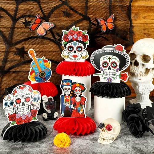 JULMELON 8Pcs Day of the Dead Decorations, Honeycomb Table Centerpieces