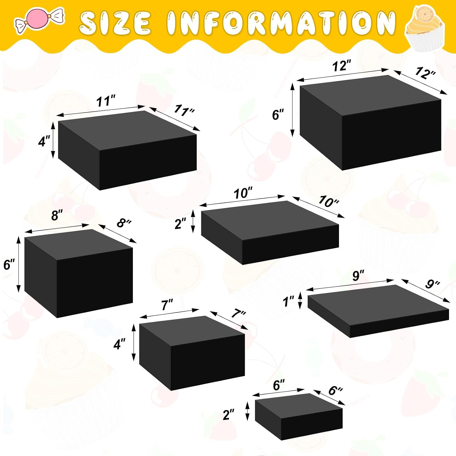 Large Buffet Risers Set " Acrylic Display Box Catering / Black / 6" To 12 / Square / Set of 7