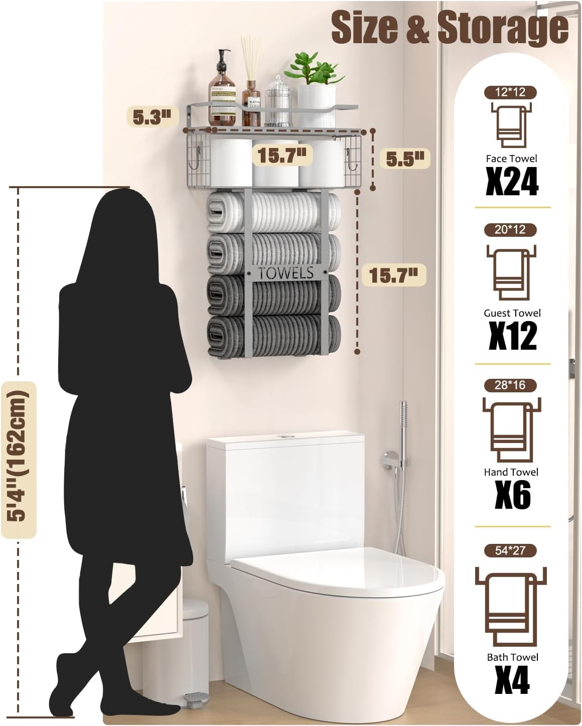 Towel Racks for Bathroom Wall Mounted - Bath Wall Towel Holder Set Above Toilet Storage, Rolled Towel Shelf Organizer