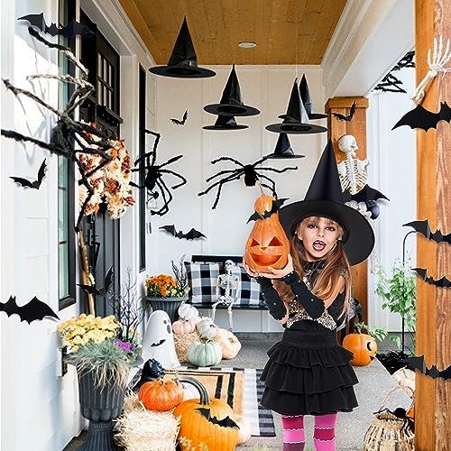 XIMISHOP 12pack Halloween Witch Hats Decortions with 3D Bats Wall Decor