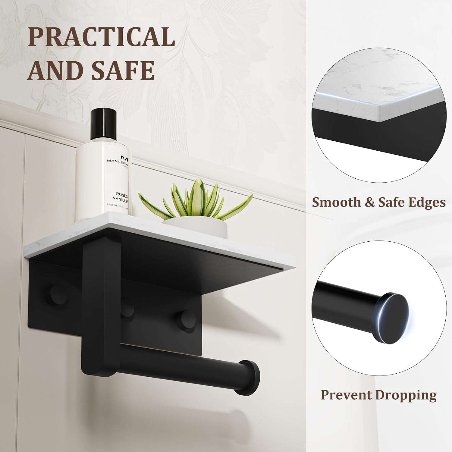 BWE Matte Black Toilet Paper Holder with Marble Shelf Wall Mounted | Toilet Paper Roll Holder with Phone Shelf 304