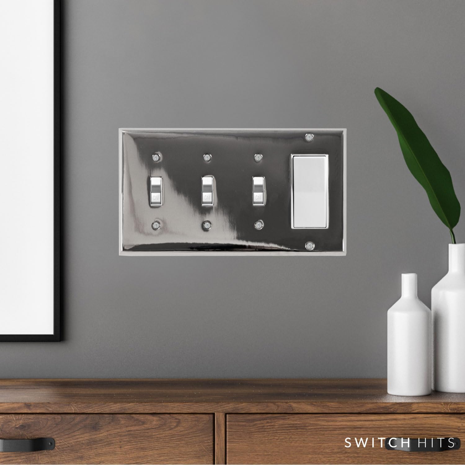 Polished Nickel Outlet Wall Plate | 3 Toggle - 1 GFI Rocker | 8.25" x 4.5" | Hand-Polished Brass Construction