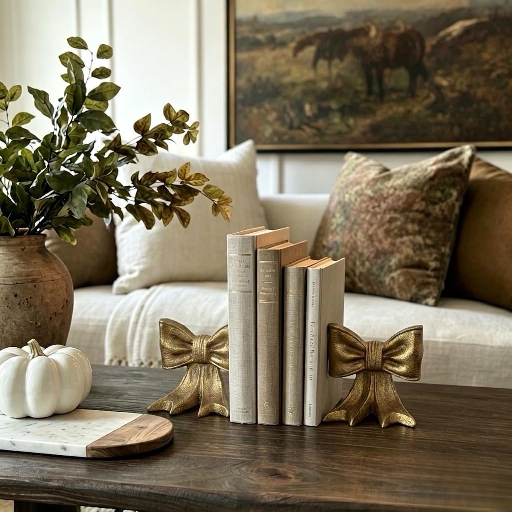 Bow Metal Bookends Heavy Duty Cast Iron Book Ends for Heavy Books Unique Modern / Gold / Set of 2