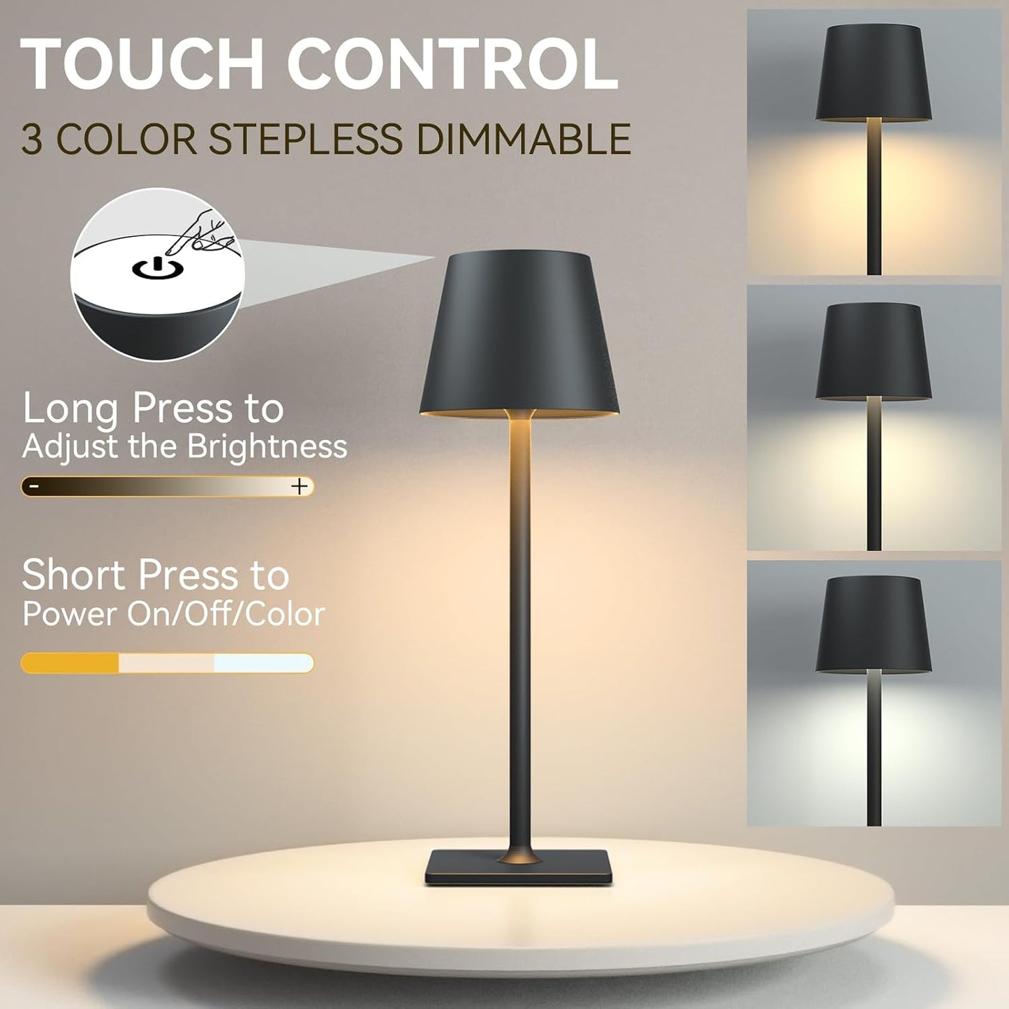 Yogaret Black Cordless Table Lamps, 6000mAh Rechargeable Battery LED Lights | Set of 4 battery operated lamps wireless