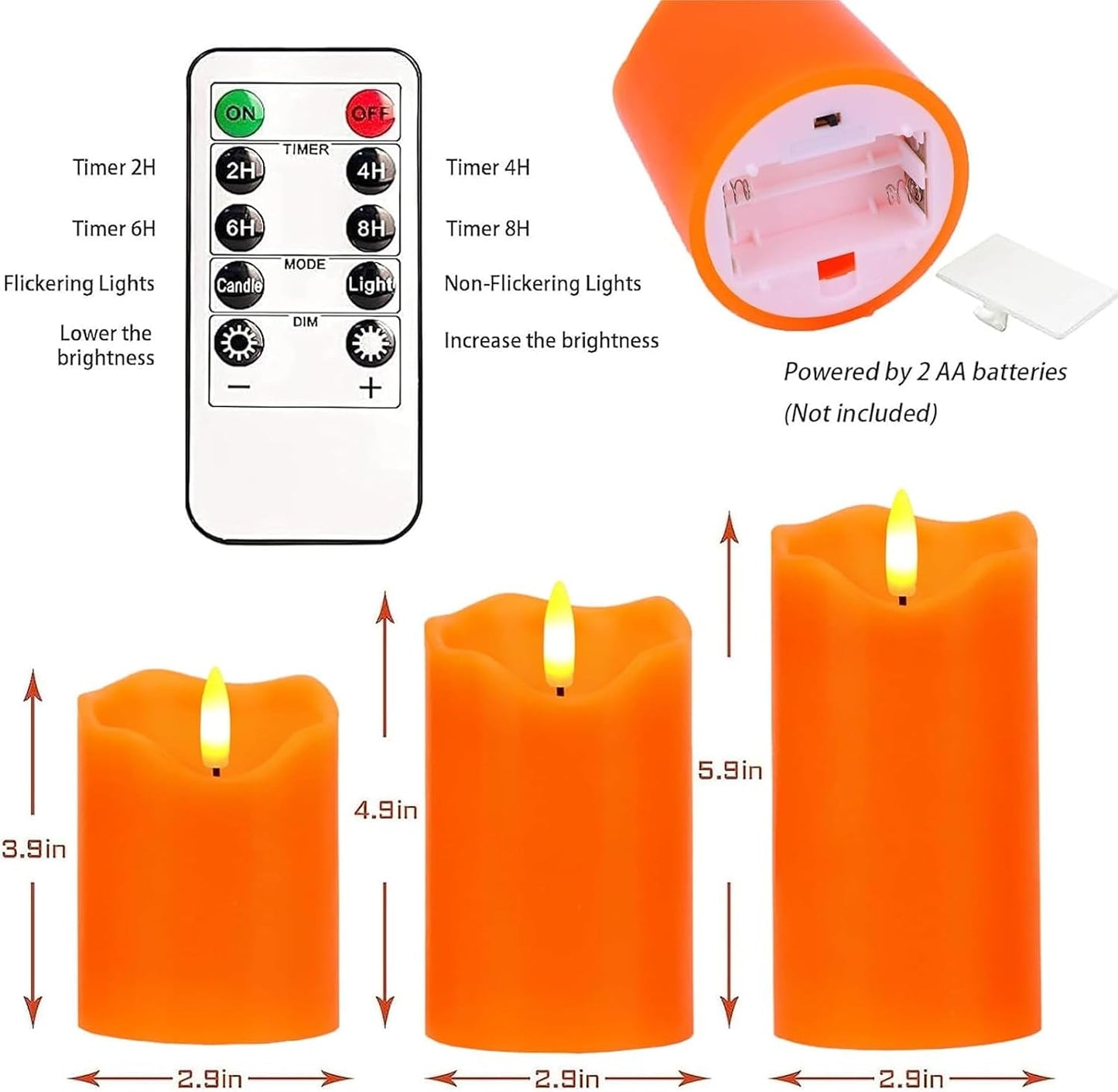Orange Flameless Candles Set of 3, Fall Pillar Candles with Remote & Timer | Flickering Real Wax LED Candles Battery