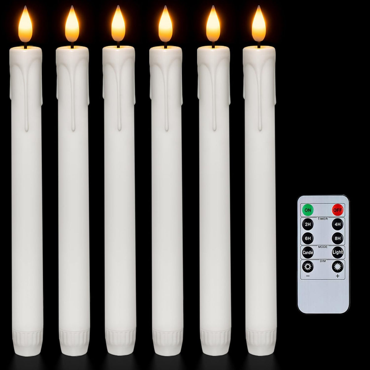 Homemory 6 Pcs Flameless Taper Candles with Remote, Timer, Dimmer, 9.6 Inches Plastic White Led CandleSticks with Flickering Light, Battery Operated Window Candles for Halloween Christmas Decoration