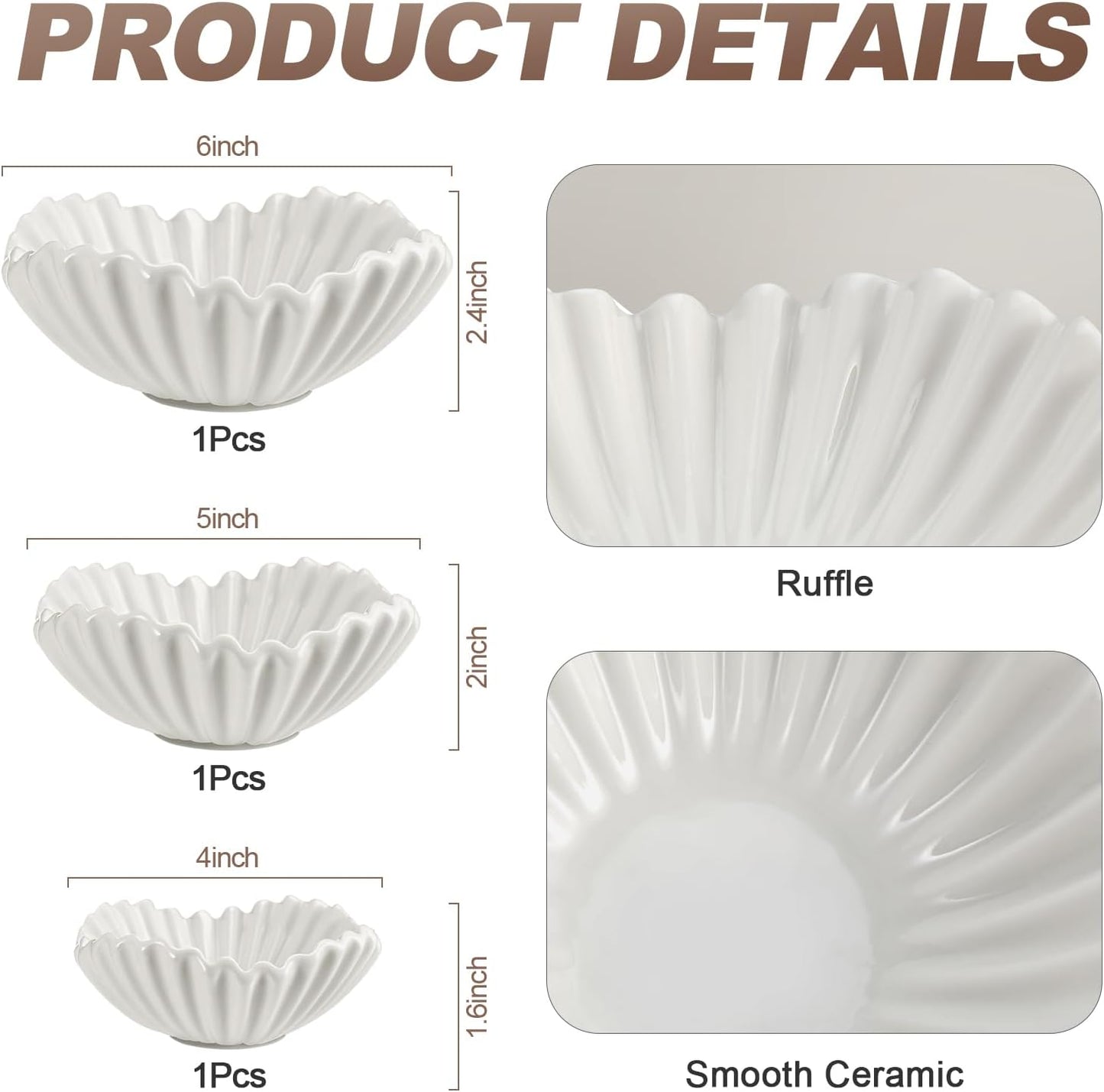 Ceramic Ruffle Bowl 3 Sizes Scalloped Decorative Bowls Fruit or Key Holder / White / Set of 3