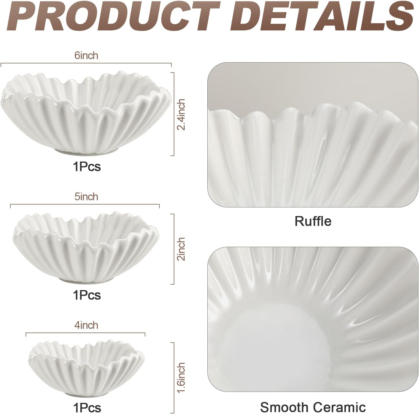 Ceramic Ruffle Bowl 3 Sizes Scalloped Decorative Bowls Fruit or Key Holder / White / Set of 3