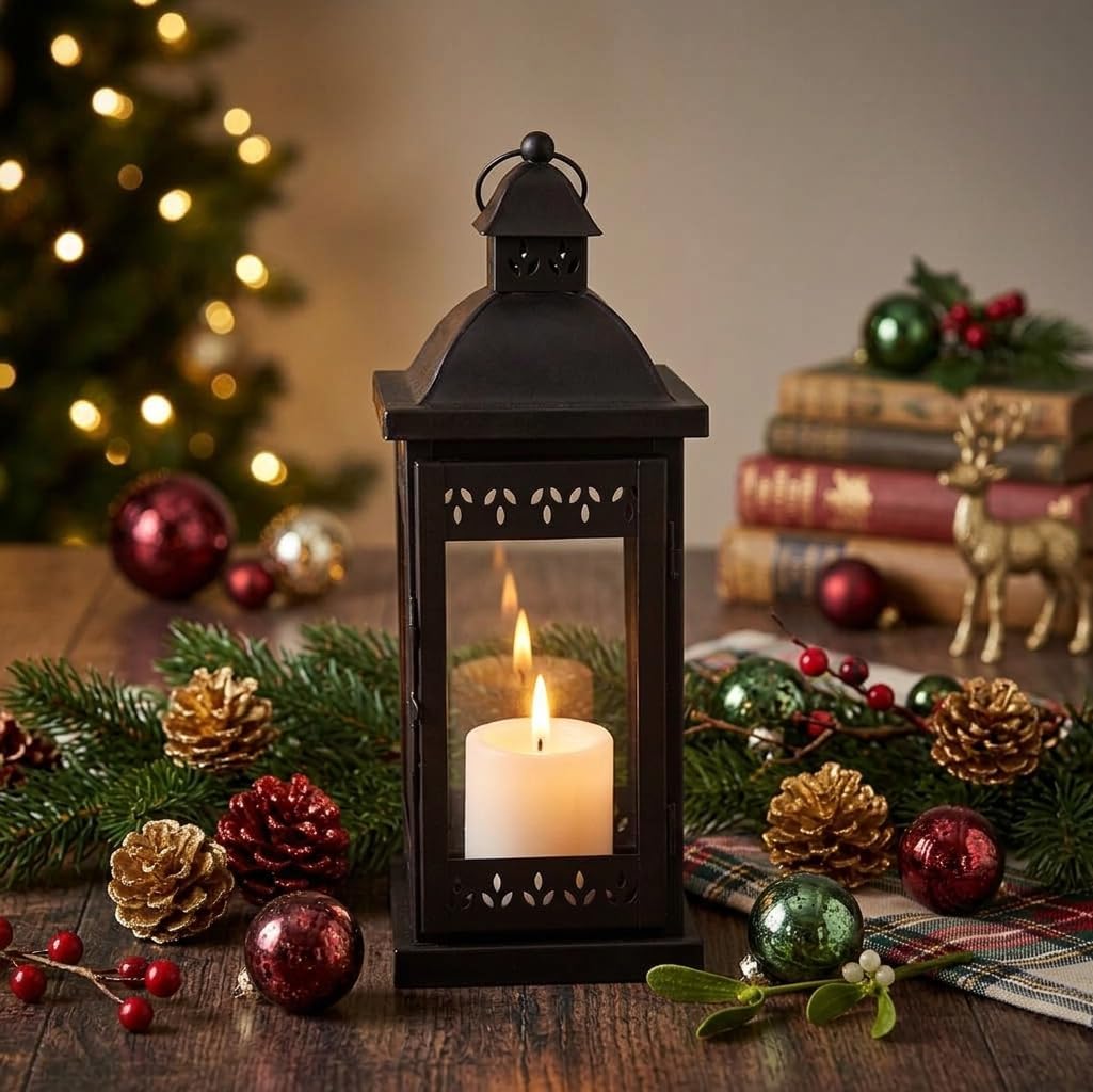 Hosley 15" Clear Glass Iron Lantern - Large Black Classic Style, Decorative Candle Holder for Weddings, Parties