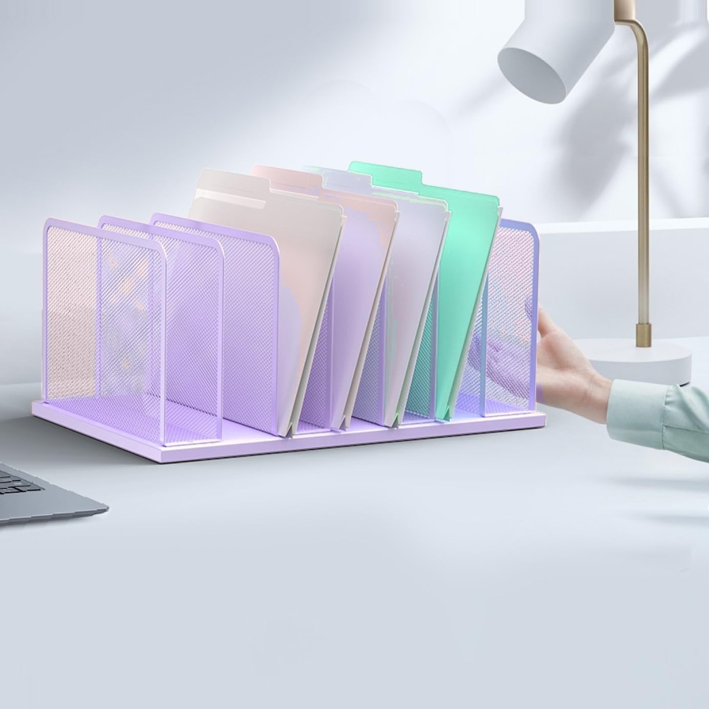 Kuntine.B 7-Section Upright Desk File Organizer Purple 1 Pack | Vertical, Mesh, Metal, Assembly, Stability, Sturdiness