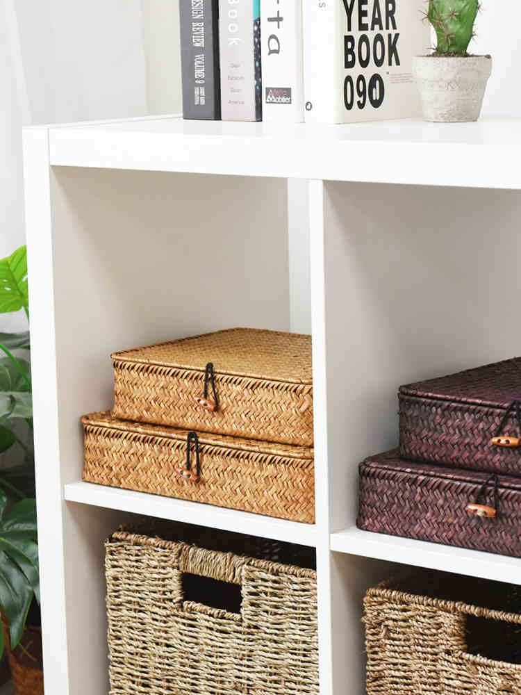 Wicker Basket / Flat Seagrass Storage Bins / Natural / Set of 2