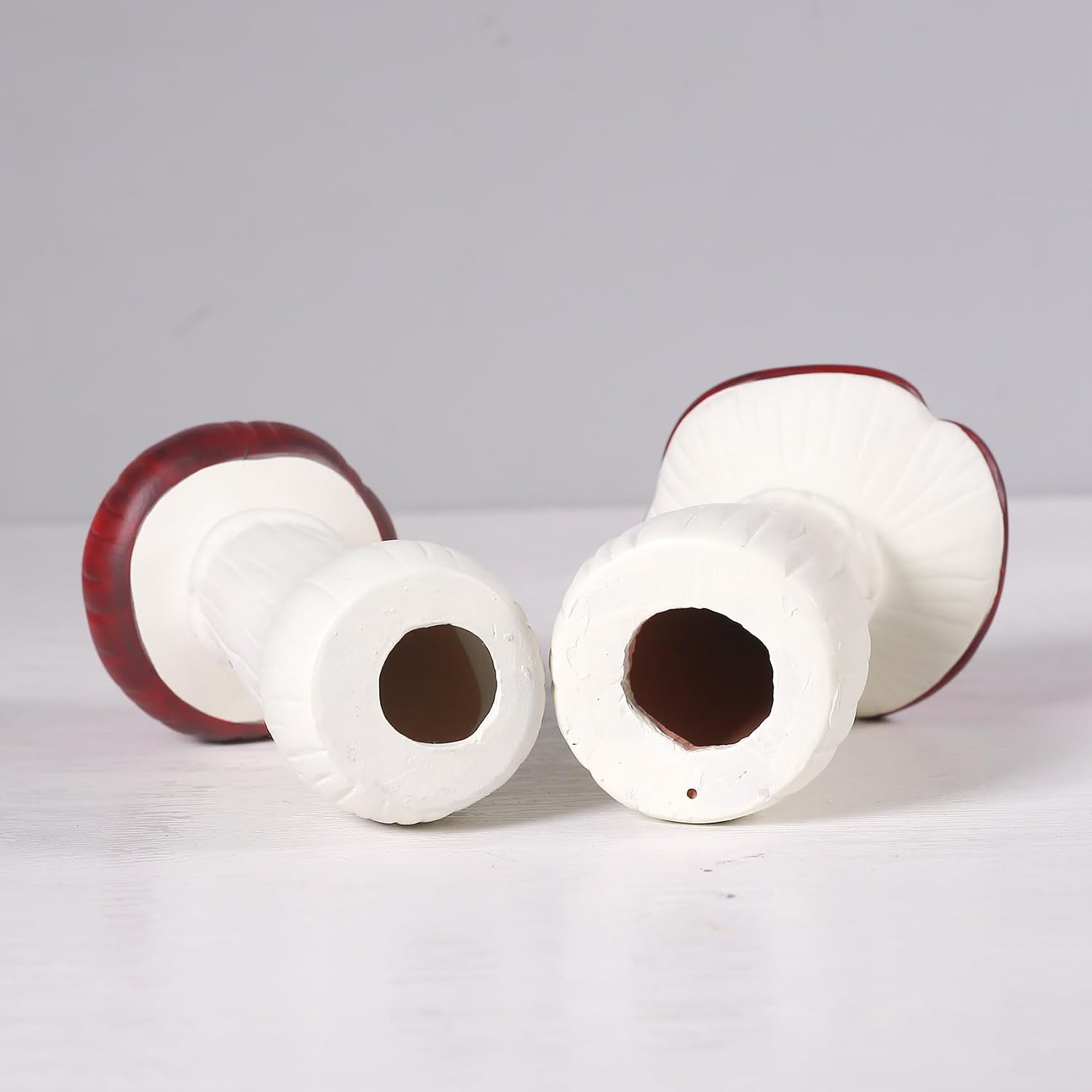 White Ceramic Toadstool Sculptures / Red / 5.5 Inch / Set of 2