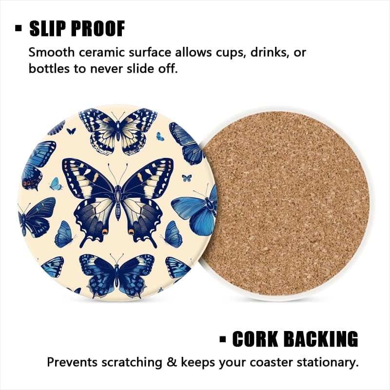Drink Coasters Graceful Round Water Absorbent Ceramic Coaster / 4inches / Butterflies / Set of 4