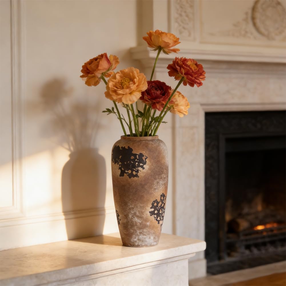 Large Rustic Ceramic Vase / Brown / 12.6 Inch